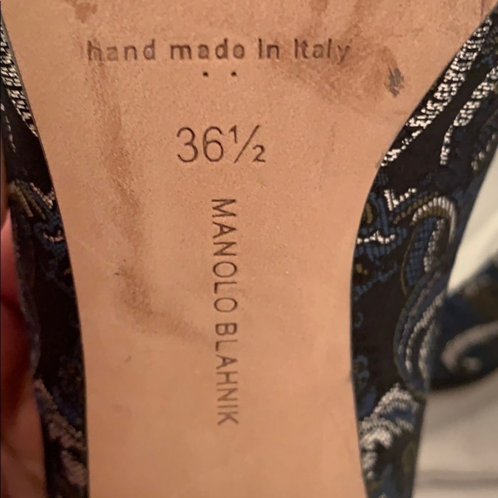 Manolo Blahnik Blue and Silver Brocade Heels - Picture 7 of 7